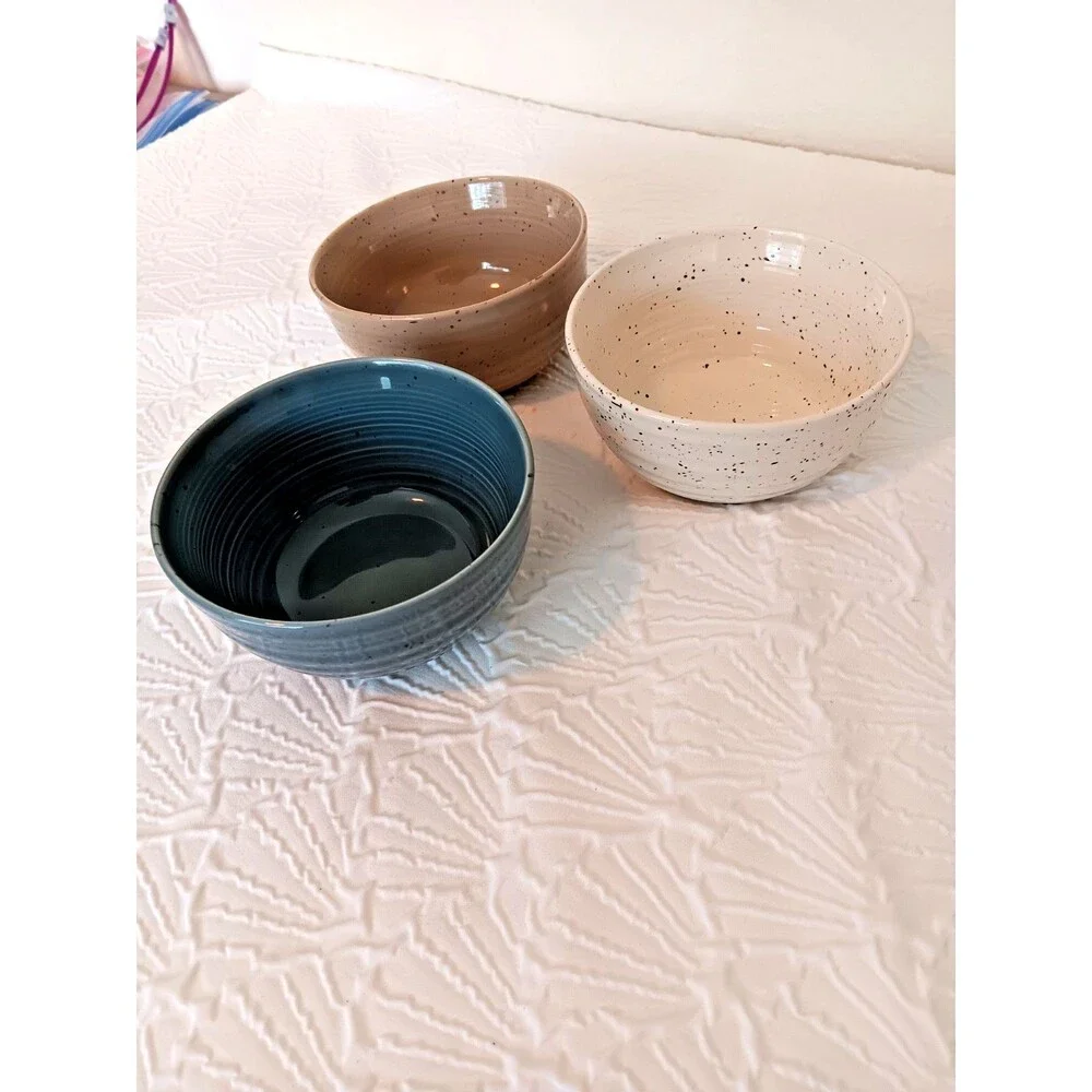 Sango China Artist’s Blend Stoneware Bowls Set of 3 Speckled Blue Tan Cream